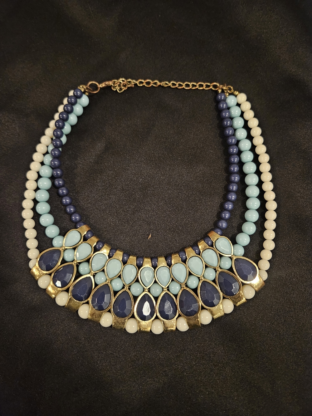 Statement Bib Necklace in Navy, Aqua & White - Fashion Jewelry